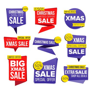 Noel satış Banner Set vektör. İndirim etiketi, özel Xmas teklif afiş. Aralık iyi bir anlaşma promosyon. Kış indirimi ve promosyon. Yarı fiyatına tatil çıkartmaları. İzole illüstrasyon