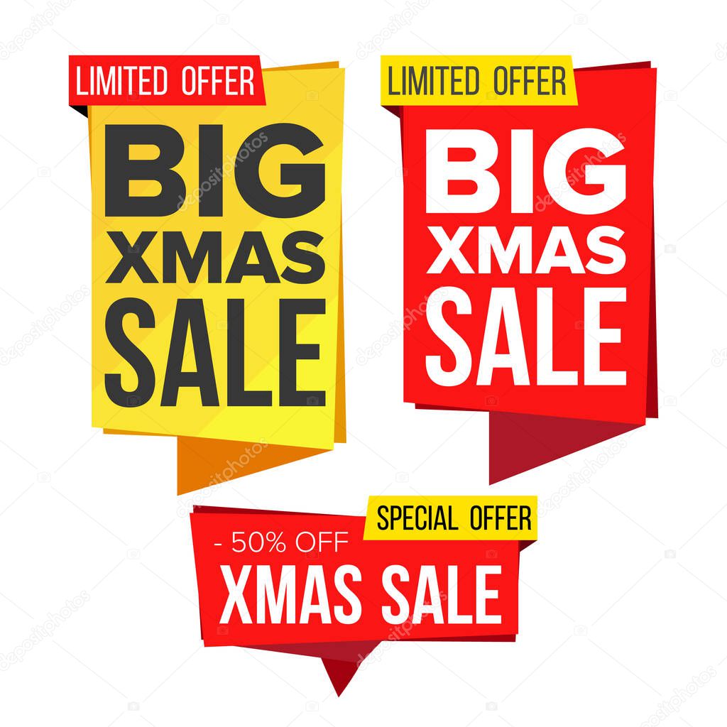 Christmas Sale Banner Set Vector. Winter December Online Shopping. Discount Banners. Xmas Sale Banner Tag. Holidays Price Tag Labels. Isolated Illustration