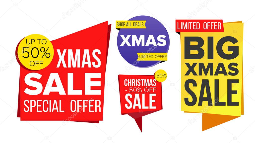 Christmas Sale Banner Set Vector. Sale Banner. Discount Tag, Special Xmas Offer Banner. Special Holidays Templates. Best Offer Advertising. Isolated Illustration
