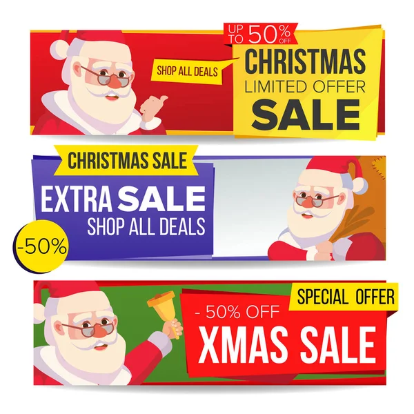 Kerst Sale Banner Vector. Merry Christmas Santa Claus. Korting Tag, speciale Xmas aanbod horizontale Banners. Winter korting en promotie. Halve prijs feestdagen Stickers. Geïsoleerde illustratie — Stockvector