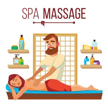 Spa Masaj vektör. Gevşeme sağlık Salon. Düz çizgi film karakteri illüstrasyon izole