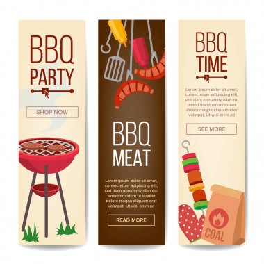 Barbekü dikey promosyon afiş vektör. Barbekü, kömür, hamburger. İzole illüstrasyon