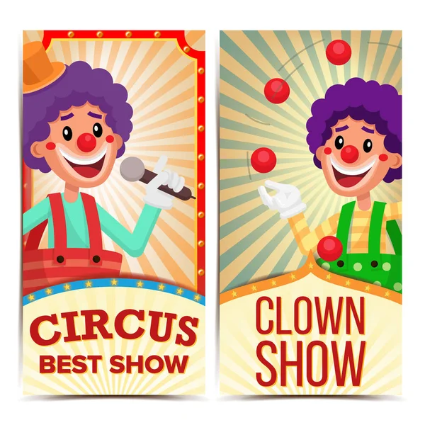 Circus Clown Vertical Banners Template Vector. Fantastico modello di poster. Festa del parco divertimenti. Carnevale Festival sfondo. Illustrazione — Vettoriale Stock