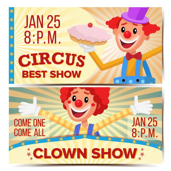 Circus Clown horizontale Banners sjabloon Vector. Groot Circus Show Concept. Pretpark partij. Carnaval Festival achtergrond. Illustratie — Stockvector