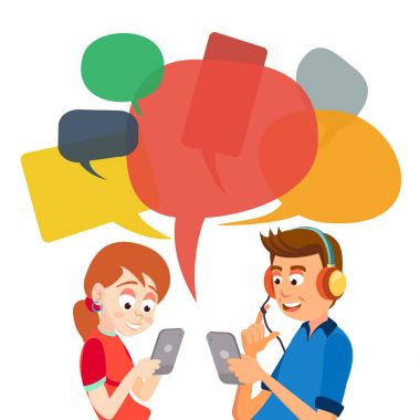 Genç kız ve oğlan vektör mesajlaşma. Internet üzerinde iletişim. Ağ üzerinde sohbet. Smartphone kullanarak. Sohbet kabarcıklar. Sosyal medya bağımlılık kavramı illüstrasyon