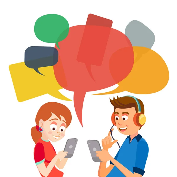 Tiener meisje en jongen Messaging Vector. Communiceren op Internet. Chatten via netwerk. Het gebruik van Smartphone. Praatjebellen. Social Media verslaving Concept illustratie — Stockvector