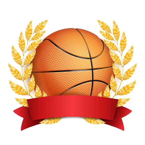 Basketball-Preisvektor. Sportbanner Hintergrund. Orangefarbene Kugel, rote Schleife, Lorbeerkranz. 3D realistische isolierte Illustration — Stockvektor