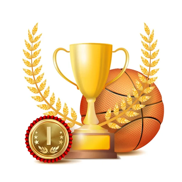 Basketball Award Vector. Sport Banner Background. Orange Ball, Gold Winner Trophy Cup, Golden 1st Place Medal. 3D Realistic Isolated Illustration — Stock Vector