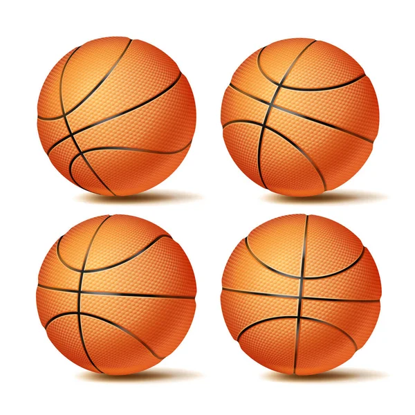 Realistische Basketballset Vektor. klassische runde orangefarbene Kugel. Unterschiedliche Ansichten. Sportspiel-Symbol. Vereinzelte Illustration — Stockvektor
