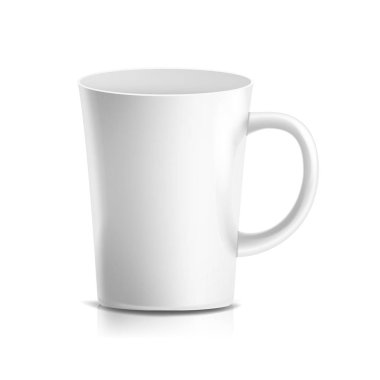 Beyaz kupa vektör. 3D gerçekçi seramik kahve, çay bardağı beyaz izole. Klasik ofis Kupası Up kolu çizim ile alay.