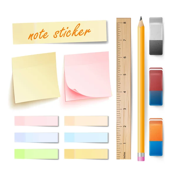 포스트 참고 스티커 벡터입니다. 격리 설정 합니다. 메모리 패드 패드 다채로운 Office 색 게시물 스틱 지우개, 연필, 통치자를 측정입니다. 현실적인 그림 — 스톡 벡터