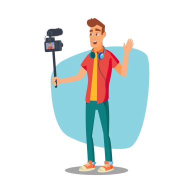 Blogger video vektör. Yaşam tarzı Video klip çekim işlemi. Çekim Video oluşum. Düz çizgi film karakteri illüstrasyon izole