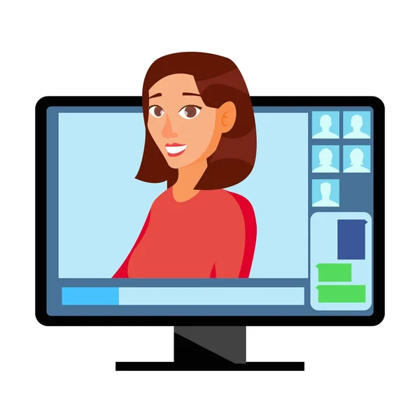 Vídeo Meeting Online Vector. Homem e Conversa. Ceo e funcionários. Reunião de negócios, Consulta, Escritório de conferências, Seminário, Conceito de treinamento on-line. Desenhos animados planos Ilustração isolada —  Vetores de Stock