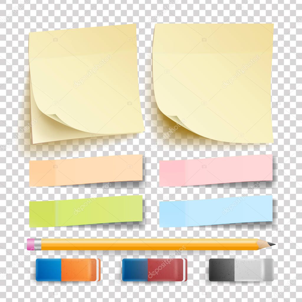 Post Note Sticker Vector. Isolated Set. Eraser And Pencil. Good For Advertising Design. Rainbow Memory Pads. Realistic Illustration