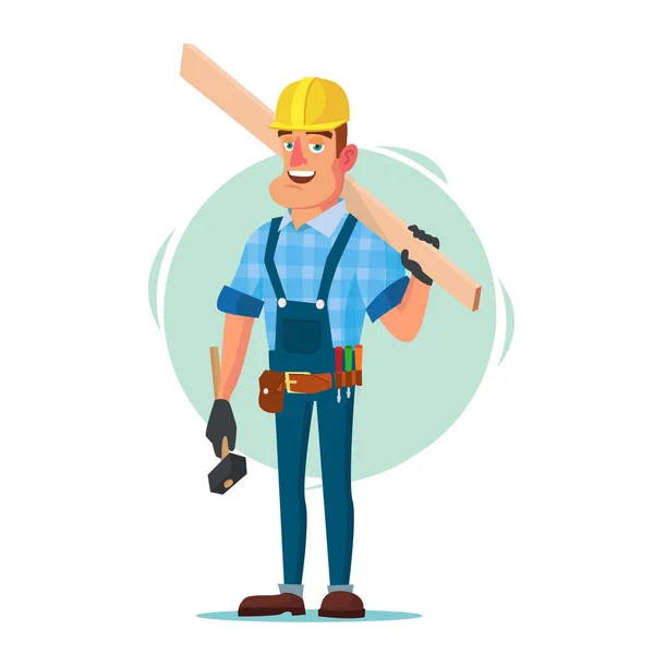 Madeira Frame House Construction Worker Vector. Trabalhador de construção em enquadrar um edifício. Ilustração de Personagem de Desenhos Animados Planos Isolados — Vetor de Stock