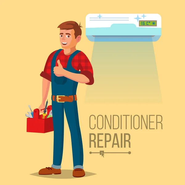 Professional Air Conditioner Repair Vector. Homem Eletricista Instalando Ar Condicionado. Ilustração de desenhos animados plana —  Vetores de Stock
