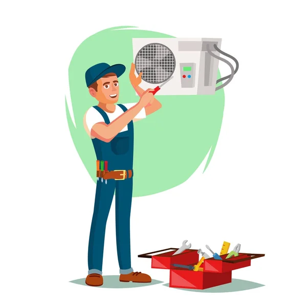 Air Conditioner Reparatie Service Vector. Jonge Man airconditioner herstellen. Cartoon karakter illustratie — Stockvector