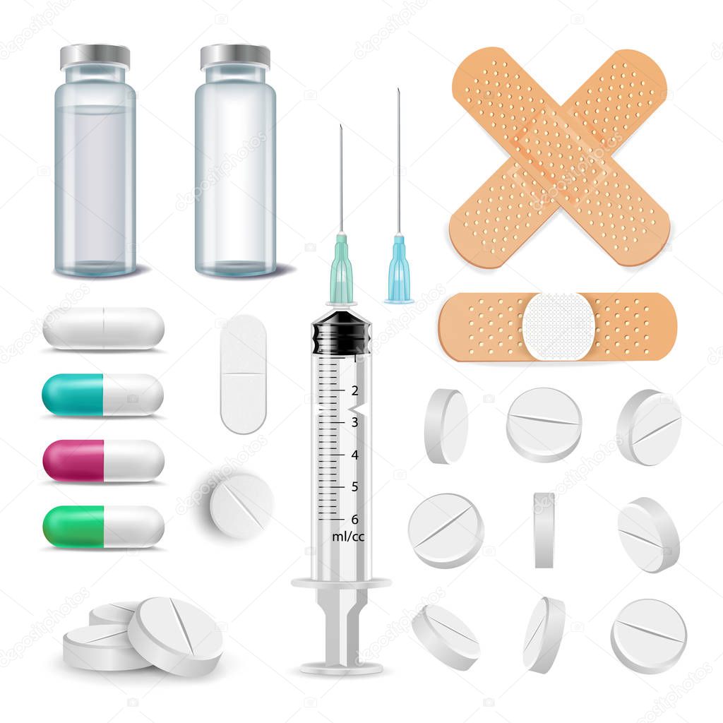 Medical Items Set Vector. Pills, Drugs, Ampoule, Syringe, Patch. Isolated Illustration