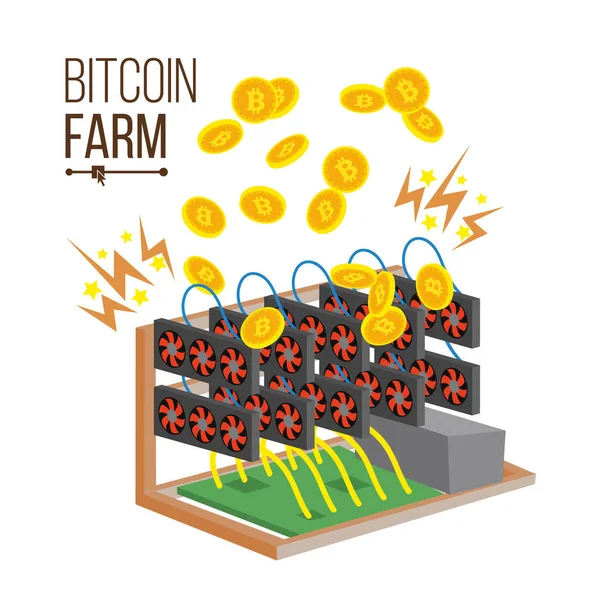 Bitcoin Farm vektor. Cryptocurrency bányászati Farm. Video kártya bányászati virtuális aranyat. Digitális valuta koncepció. Exchange-szolgáltatást. Adatok tárolása. Elszigetelt lapos rajzfilm illusztráció — Stock Vector