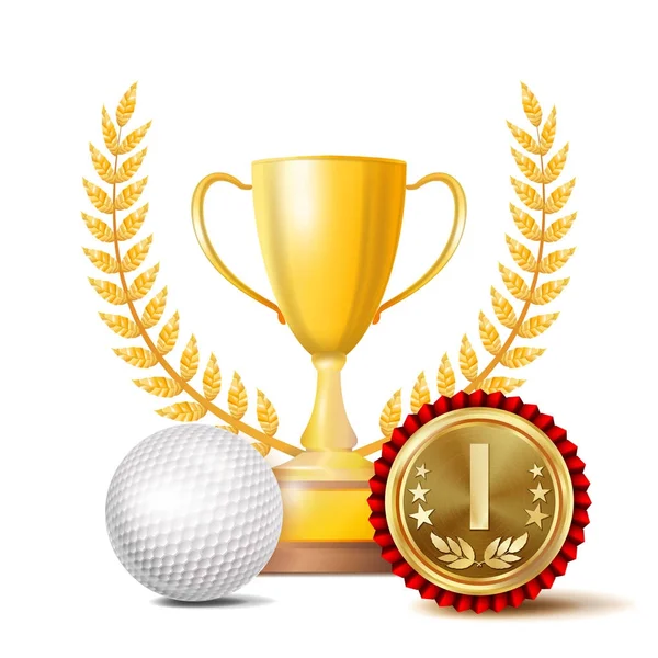 Golf Achievement Award Vector. Sport Banner Background. White Ball, Winner Cup, Golden 1st Place Medal. Realistic Isolated Illustration — Stock Vector