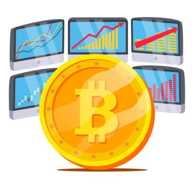 Grafik diyagramı vektör ile Bitcoin. Monitörler ve eğilim ticaret. Dijital para. Cryptocurrency yatırım kavramı. Beyaz illüstrasyon izole