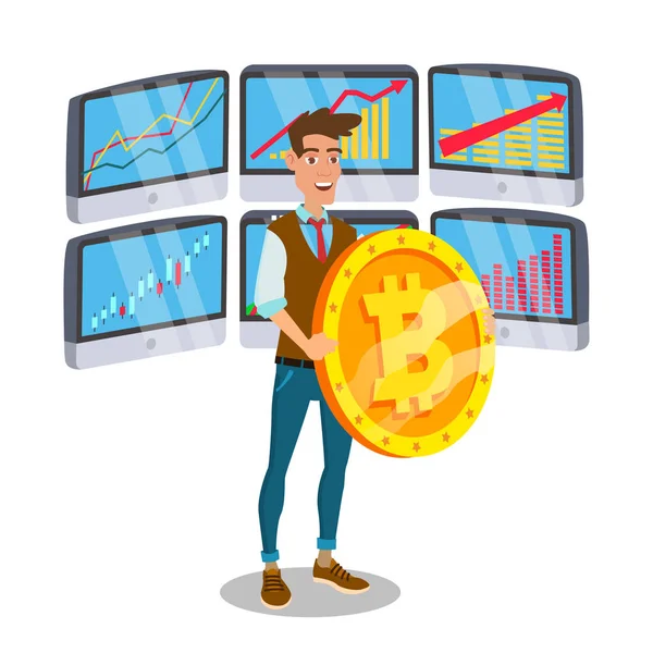 A nagy Bitcoin jel vektor állandó üzletember. Kereskedelmi monitorok és Trend. Digitális pénz. Cryptocurrency beruházási koncepció. Elszigetelt fehér illusztráció — Stock Vector