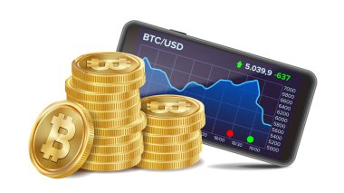 Smartphone ile grafik vektör ticaret Bitcoin. Gerçekçi altın sikke. Sanal para. Beyaz illüstrasyon izole