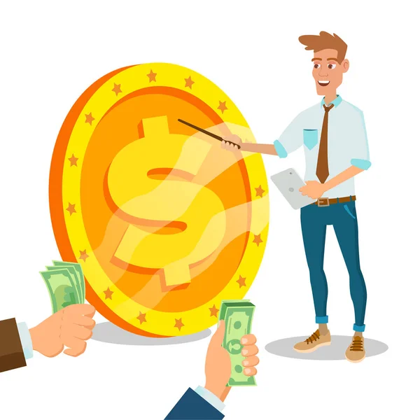 Innovatieve start-up Vector. Monetisatie Project idee Concept. Zakenman met grote dollarteken. Geïsoleerd op witte Cartoon Business karakter illustratie — Stockvector