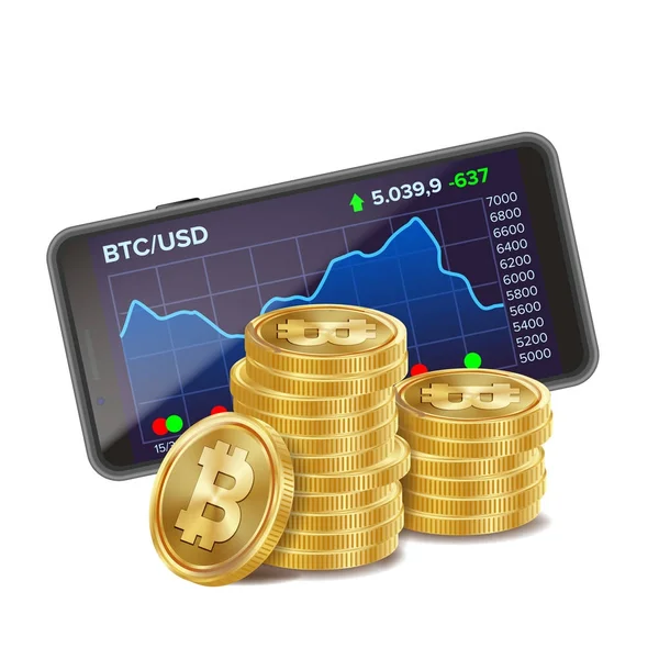 Smartphone és Bitcoin érmék vektor. Digitális pénz. Cryptocurrency beruházási koncepció. Valósághű 3D-s aranyat. Elszigetelt fehér illusztráció — Stock Vector