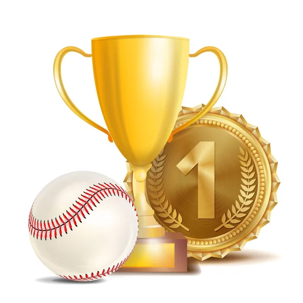 Baseball Award Vector. Sport Banner Background. White Ball With Red Stitches, Gold Winner Trophy Cup, Golden 1st Place Medal. 3D Realistic Isolated Illustration
