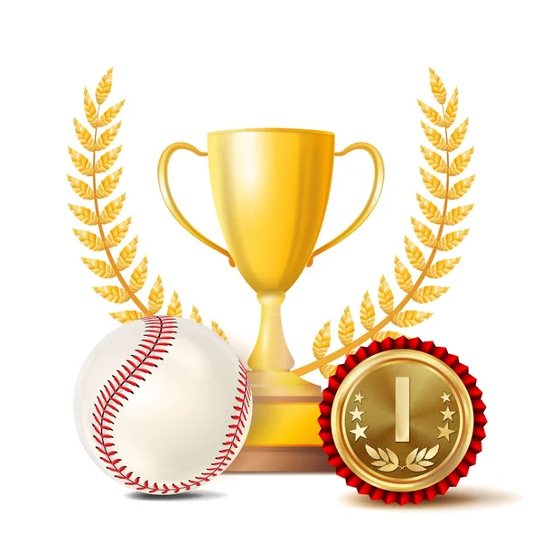 Baseball Achievement Award wektor. Sport transparent tło. Bila Biała, czerwone szwy, zwycięzca Pucharu, złoty 1 miejsce Medal. Realistyczne ilustracja na białym tle — Wektor stockowy