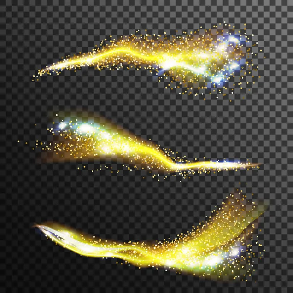 Sparkle Stardust Vector. Gloeiende Wave Shimmer. Bright Yellow Trail. Glinsterende pailletten In de lucht. Geïsoleerd op transparante achtergrond afbeelding — Stockvector
