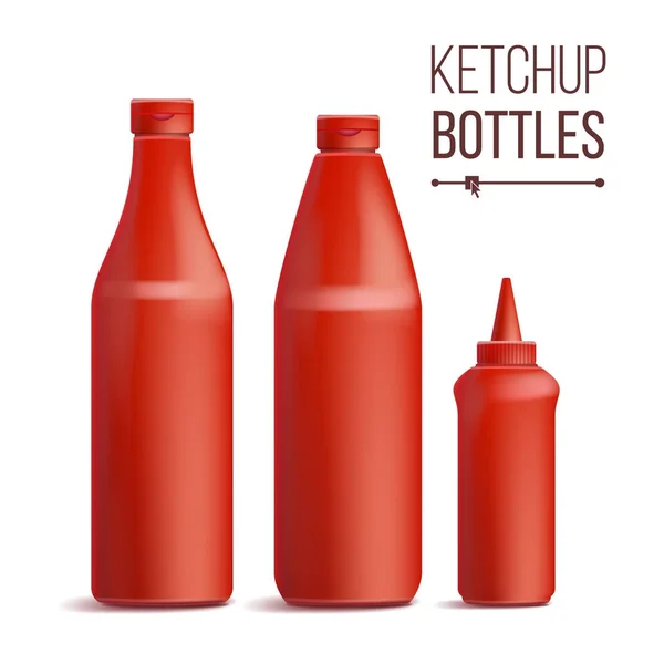 Tomate Ketchup Botella Set Vector. 3D Realista en blanco. Tomate rojo de plástico, botellas de salsa. Mock Up Bueno para el diseño de marca. Aislado sobre fondo blanco Ilustración — Vector de stock