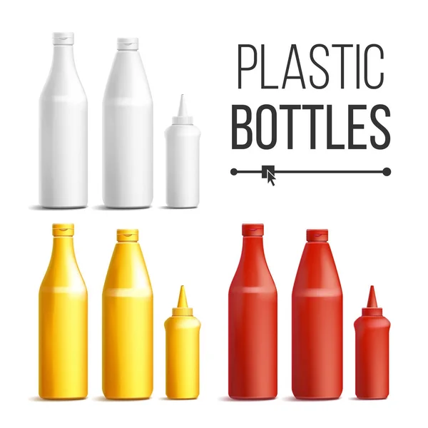 Puste butelki plastikowe białe, czerwone, żółte wektor. Pusty realistyczny 3D. Plastikowe czerwony pomidor, musztarda, sos, majonez butelki. Makiety dobre dla projekt. Na białym tle ilustracji tle — Wektor stockowy