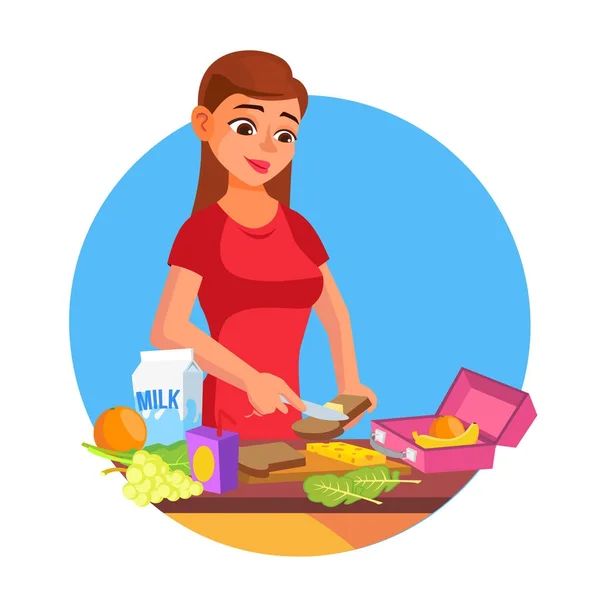 Lunch Box Vector. Mujer haciendo sabroso almuerzo vegetariano. Comida saludable. Madre haciendo el desayuno para sus hijos. Ilustración plana de dibujos animados — Archivo Imágenes Vectoriales