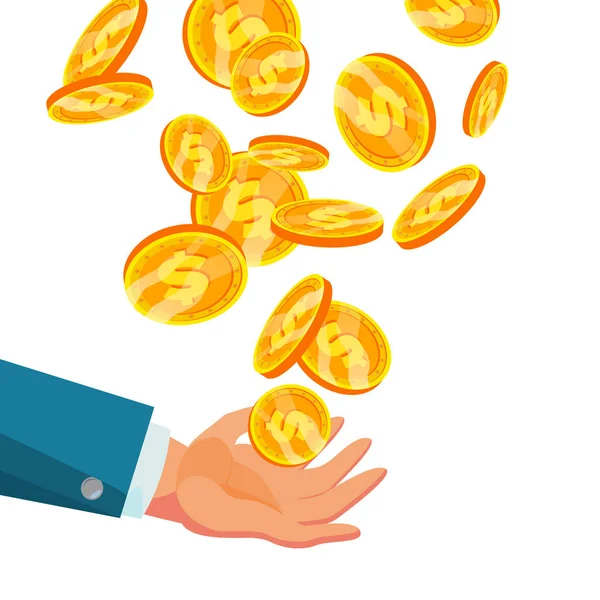 Dolar cayendo al vector de la mano del negocio. Flat, Cartoon Gold Coins Illustration (en inglés). Finance Coin Design. Moneda aislada — Vector de stock