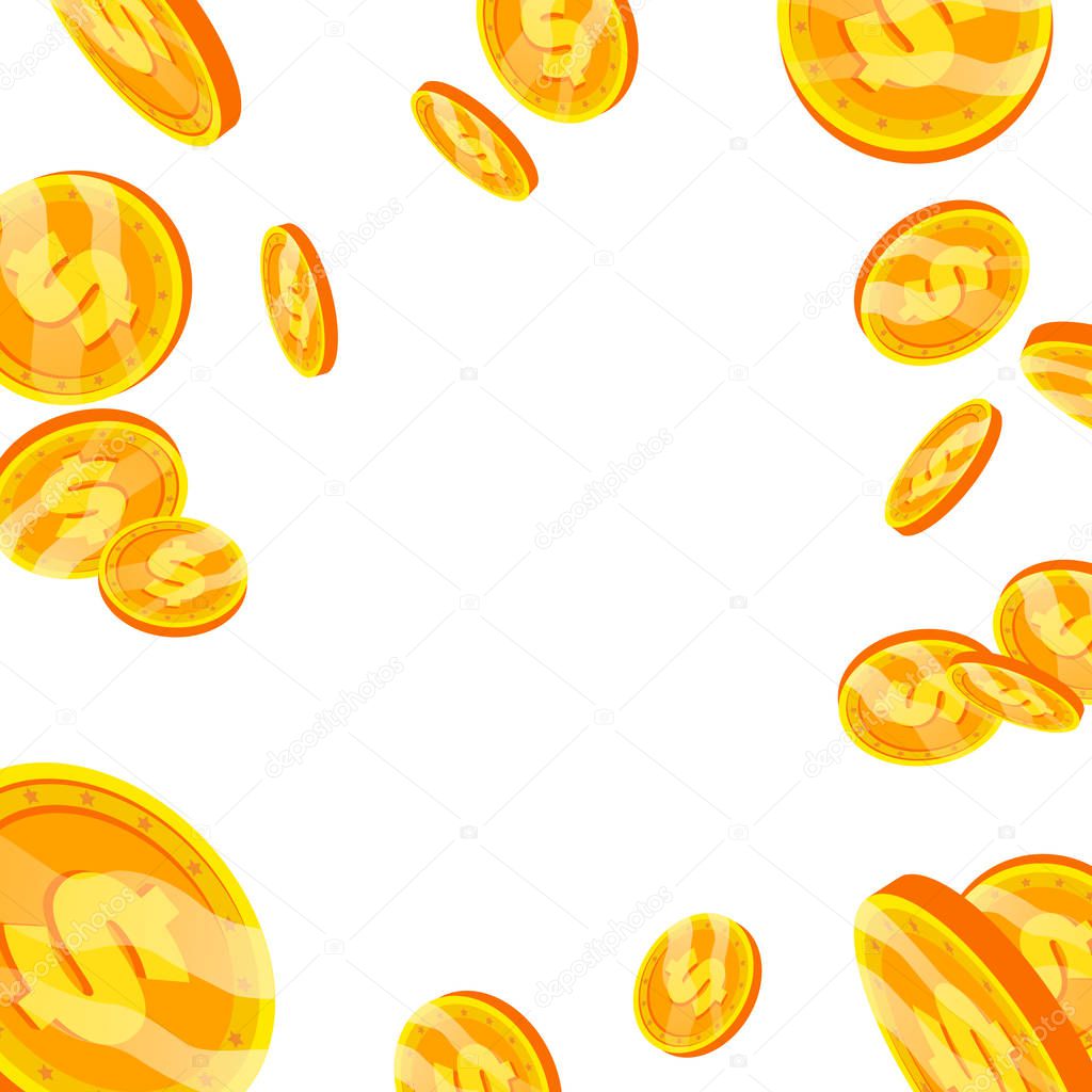 Dollar Falling Explosion Vector. Flat, Cartoon Gold Coins Illustration. Finance Coin Design. Currency Isolated