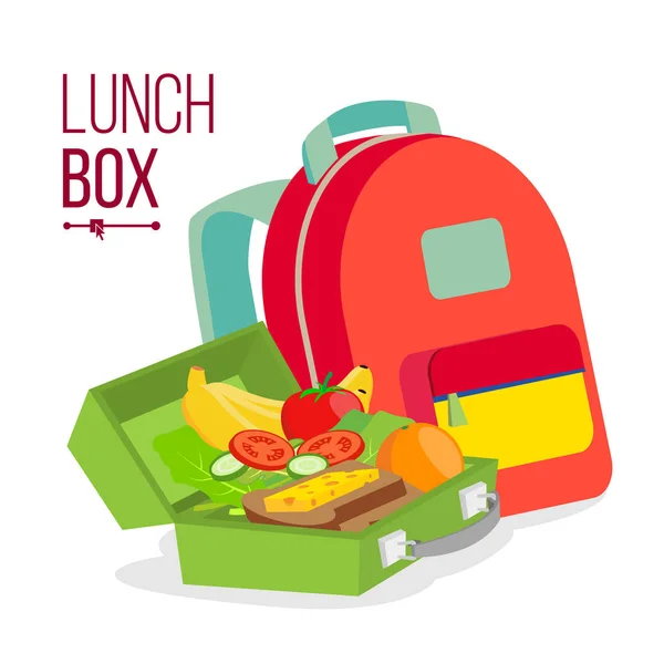 Caja de almuerzo y bolsa de vectores. Comida saludable para el almuerzo escolar para niños, estudiante. Ilustración plana aislada de la historieta — Archivo Imágenes Vectoriales