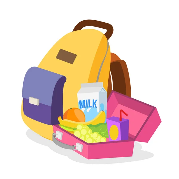 Lunch Box e Bag Vector. Schoolbag con cibo sano per bambini. Illustrazione del fumetto piatto isolato — Vettoriale Stock