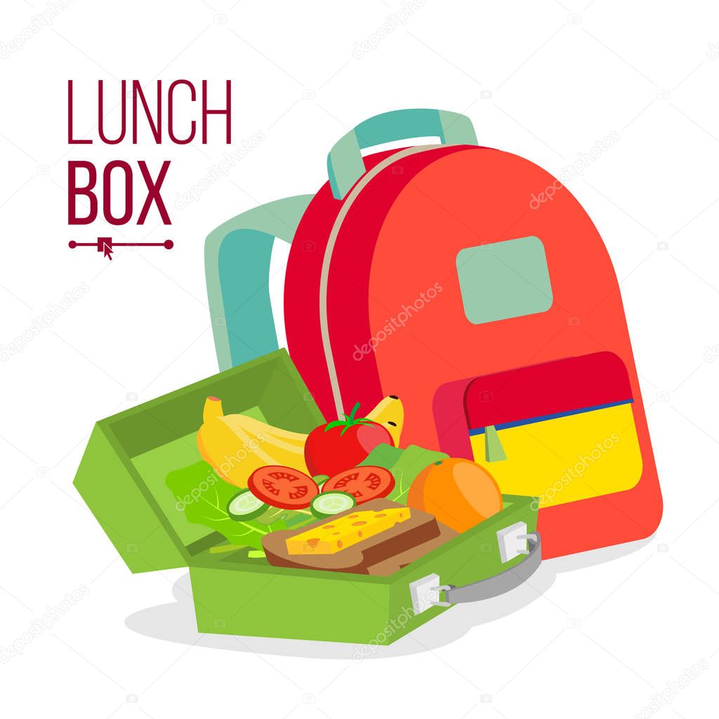 Lunch Box And Bag Vector. Healthy School Lunch Food For Kids, Student. Isolated Flat Cartoon Illustration