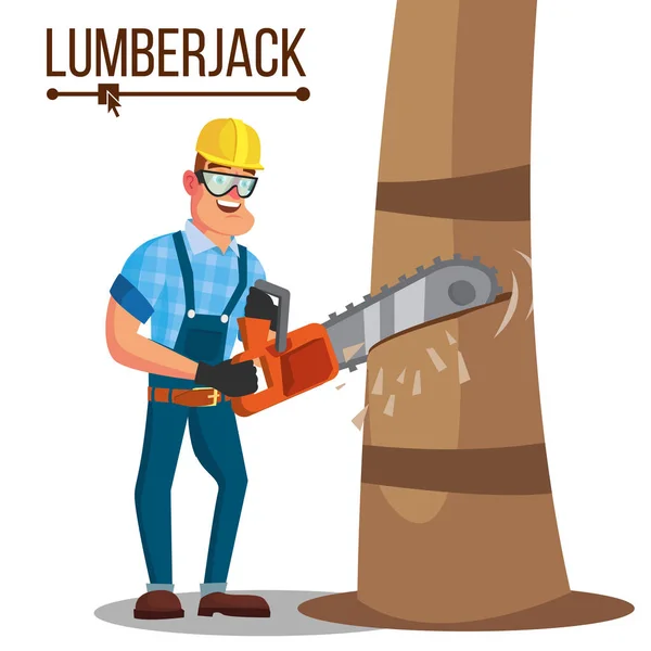 Lumberjack vektor. Klassiska Logger Man arbetar med Hand motorsåg. Isolerade tecknad platt karaktär Illustration — Stock vektor
