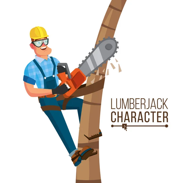 Vetor Lumberjack. Trabalhador clássico com ferramenta de motosserra de mão. Conceito de desmatamento. Ilustração de Personagem Plana de Desenhos Animados Isolados —  Vetores de Stock