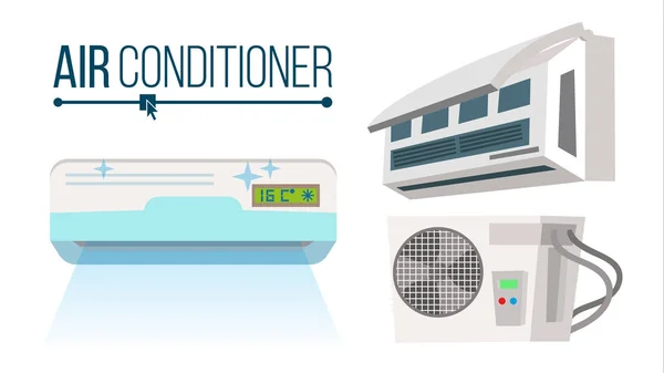 Vector de aire acondicionado. Diferentes tipos de oficina, sistema de acondicionador para el hogar. Ilustración aislada plana de la historieta interior, exterior — Vector de stock