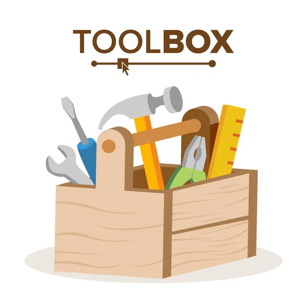 Wooden Classic Toolbox Vector. Full Of Equipment. Flat Cartoon Isolated Illustration — Stock Vector