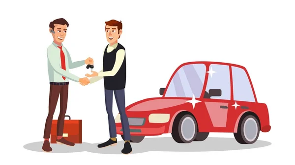 Autohändler Mann Vektor. Autoverkäufer. Verkauf oder Miete eines Autos. Neue Maschine. flache Business-Cartoon-Illustration — Stockvektor