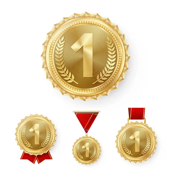Şampiyon bronz madalya Set vektör. Metal gerçekçi 3 yerleştirme kazanan başarı. Üç numara. Kırmızı kurdele ile yuvarlak madalya. Kabartma ayrıntı. En iyi Challenge ödülü spor yarışması oyun bakır Kupası