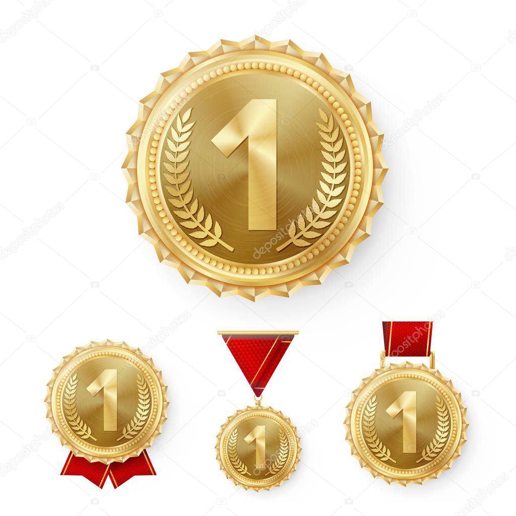 Champion Bronze Medals Set Vector. Metal Realistic 3rd Placement Winner Achievement. Number Three. Round Medal With Red Ribbon. Relief Detail