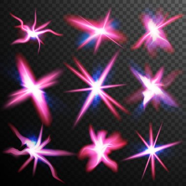 Kırmızı yıldız patlamaları parlaklık ışık efekti vektör. Girdap iz etkisi. Neon Ray çizgiler. Soyut objektif fişekleri. Tasarım öğesi için Noel Poster, teknoloji. Saydam arka plan illüstrasyon izole