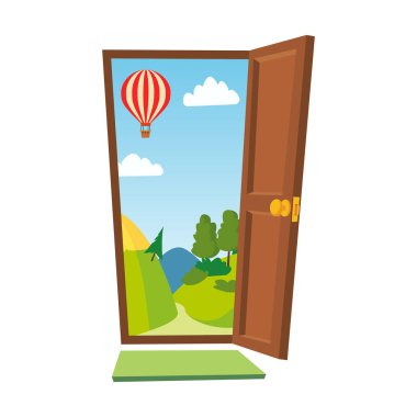 Açık kapı vektör. Karikatür manzara. Önden Görünüm. Düz izole illüstrasyon.