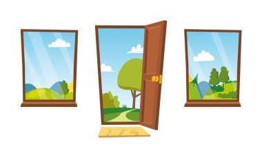 Açık kapı ve Windows vektör. Karikatür manzara. Önden Görünüm. Ev iç. Düz izole illüstrasyon.